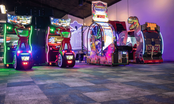 Colorful arcade games at Outta Boundz entertainment center