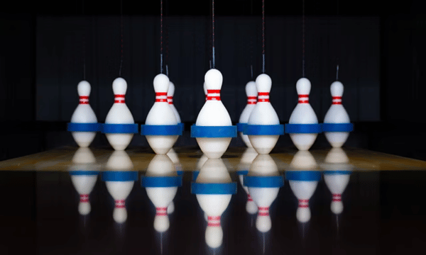 DuckPin bowling pins arranged in a row