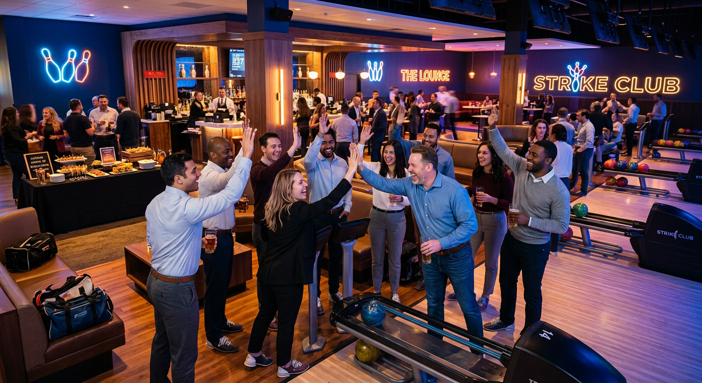 Team of professionals celebrating together at a bowling lane during a corporate event