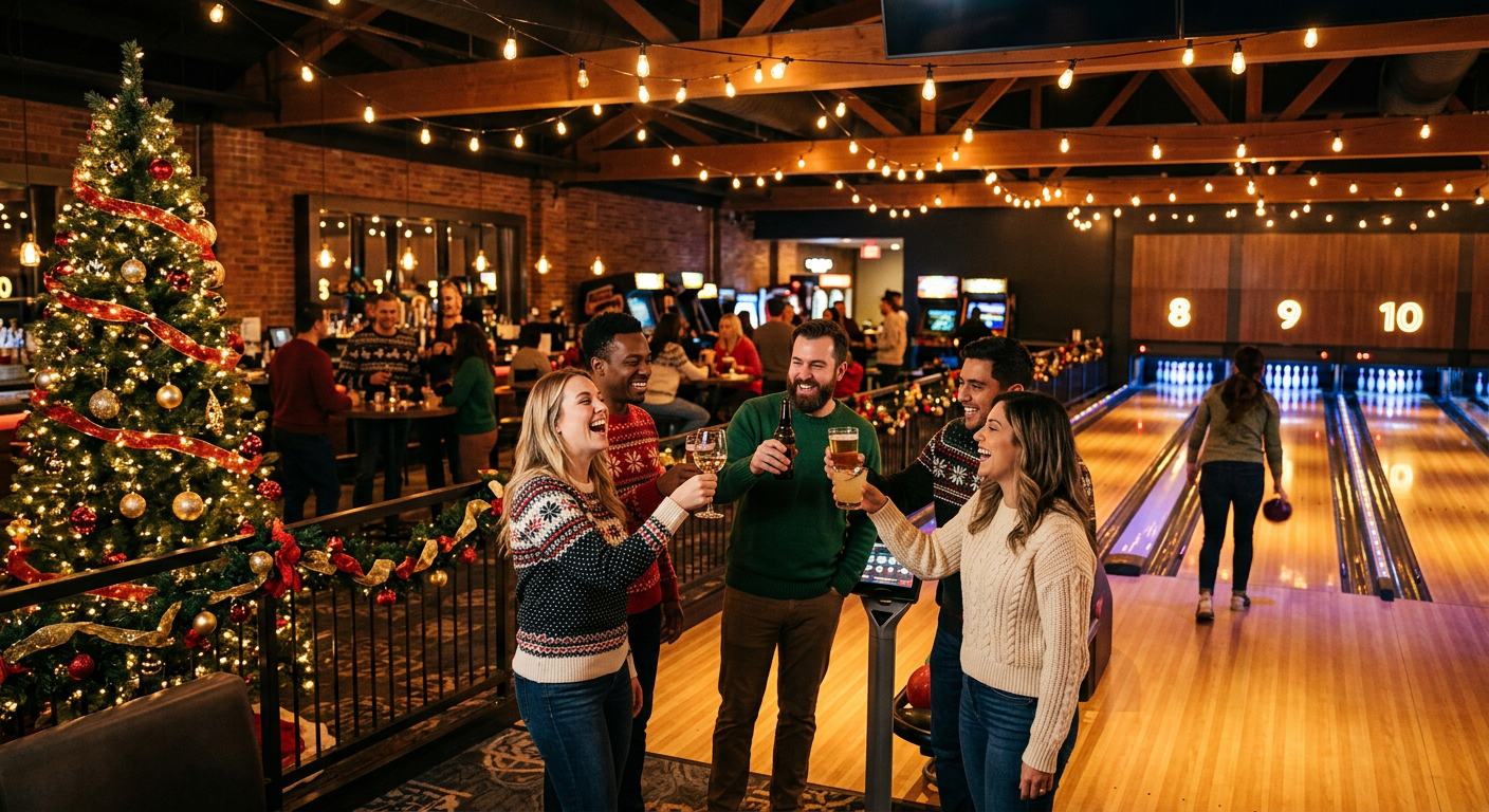 Coworkers in holiday sweaters toasting beside glowing bowling lanes decorated for the holidays