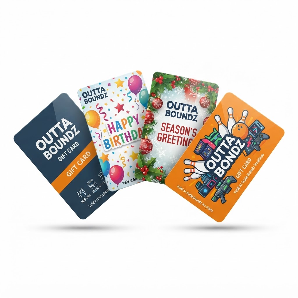 Outta Boundz gift cards in birthday, traditional, and holiday designs
